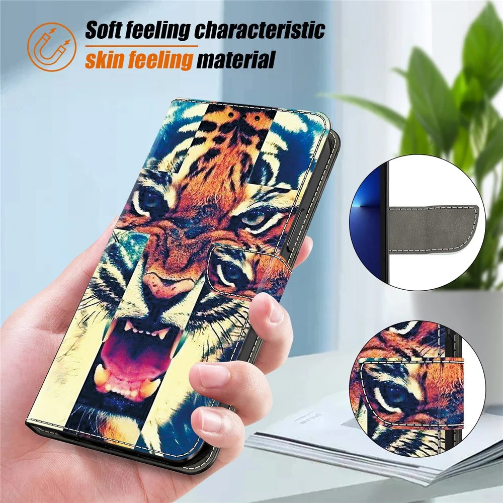 For Samsung Galaxy A16 5G  /  4G Leather Case Pattern Printing Wallet Stand Anti Drop Phone Cover - Tiger - 4