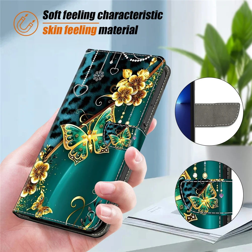 For Samsung Galaxy S25  /  S24 Leather Case Pattern Printing Wallet Stand Anti Drop Phone Cover - Golden Flower Butterfly - 4