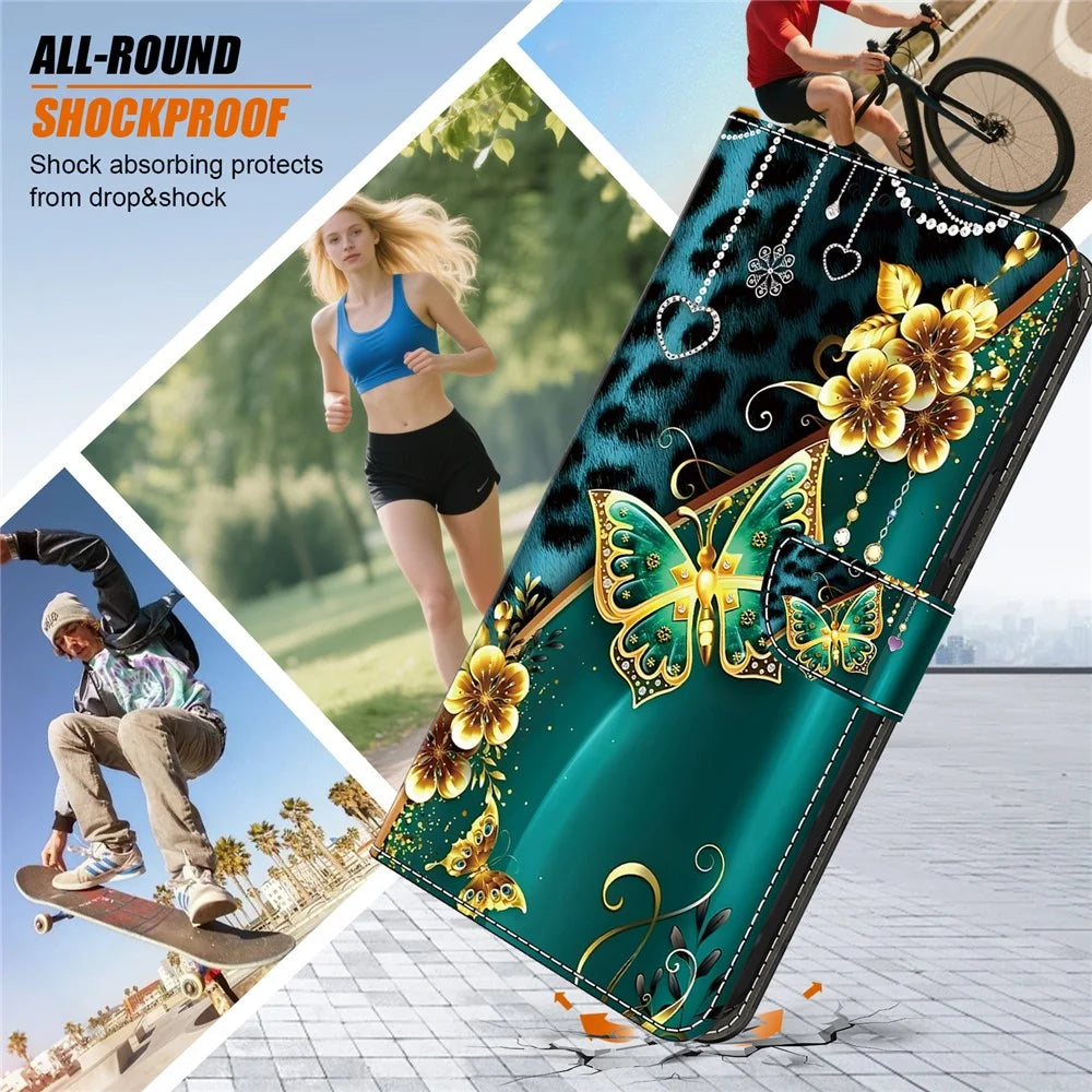 For Samsung Galaxy S25  /  S24 Leather Case Pattern Printing Wallet Stand Anti Drop Phone Cover - Golden Flower Butterfly - 5