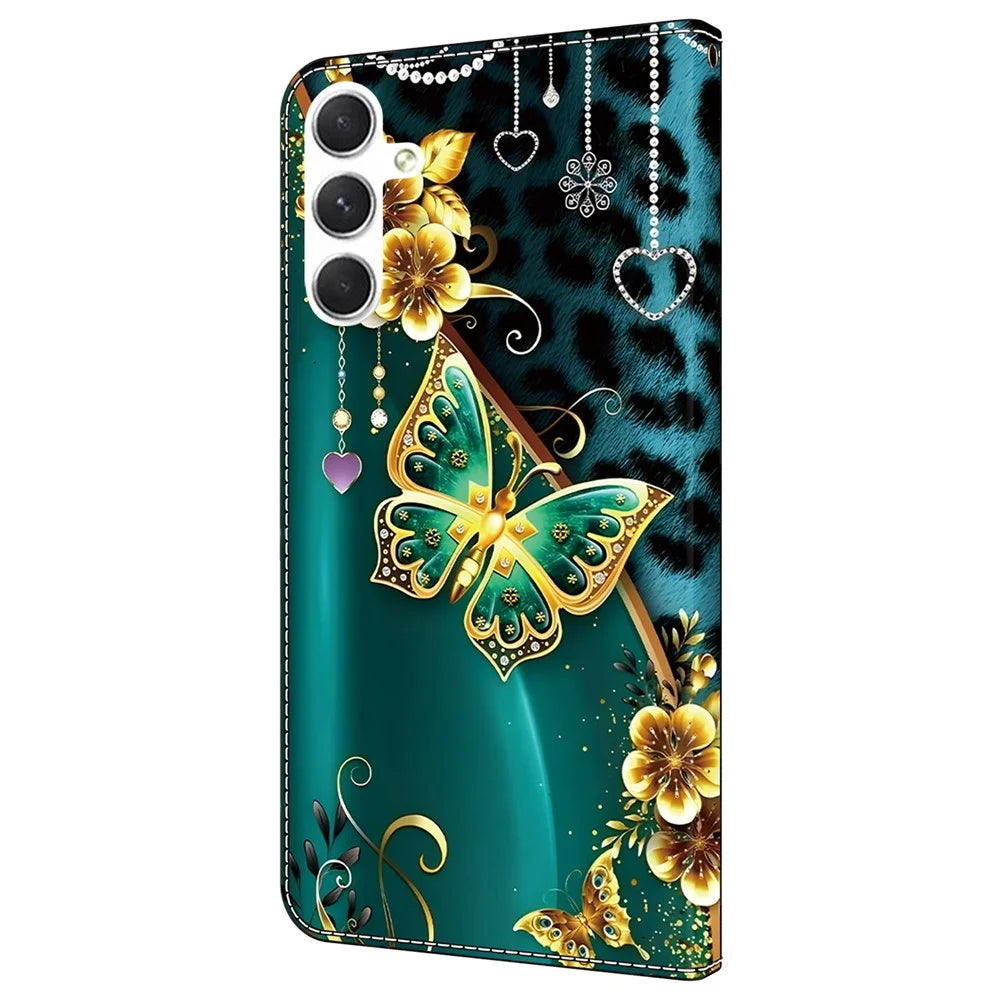 For Samsung Galaxy S25  /  S24 Leather Case Pattern Printing Wallet Stand Anti Drop Phone Cover - Golden Flower Butterfly - 7