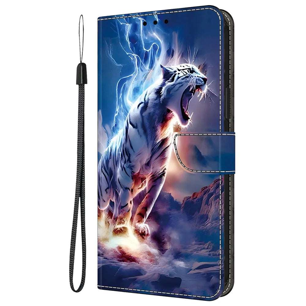 For Samsung Galaxy S25 Ultra Leather Case Pattern Printing Wallet Stand Anti Drop Phone Cover - Thunder Tiger - 6