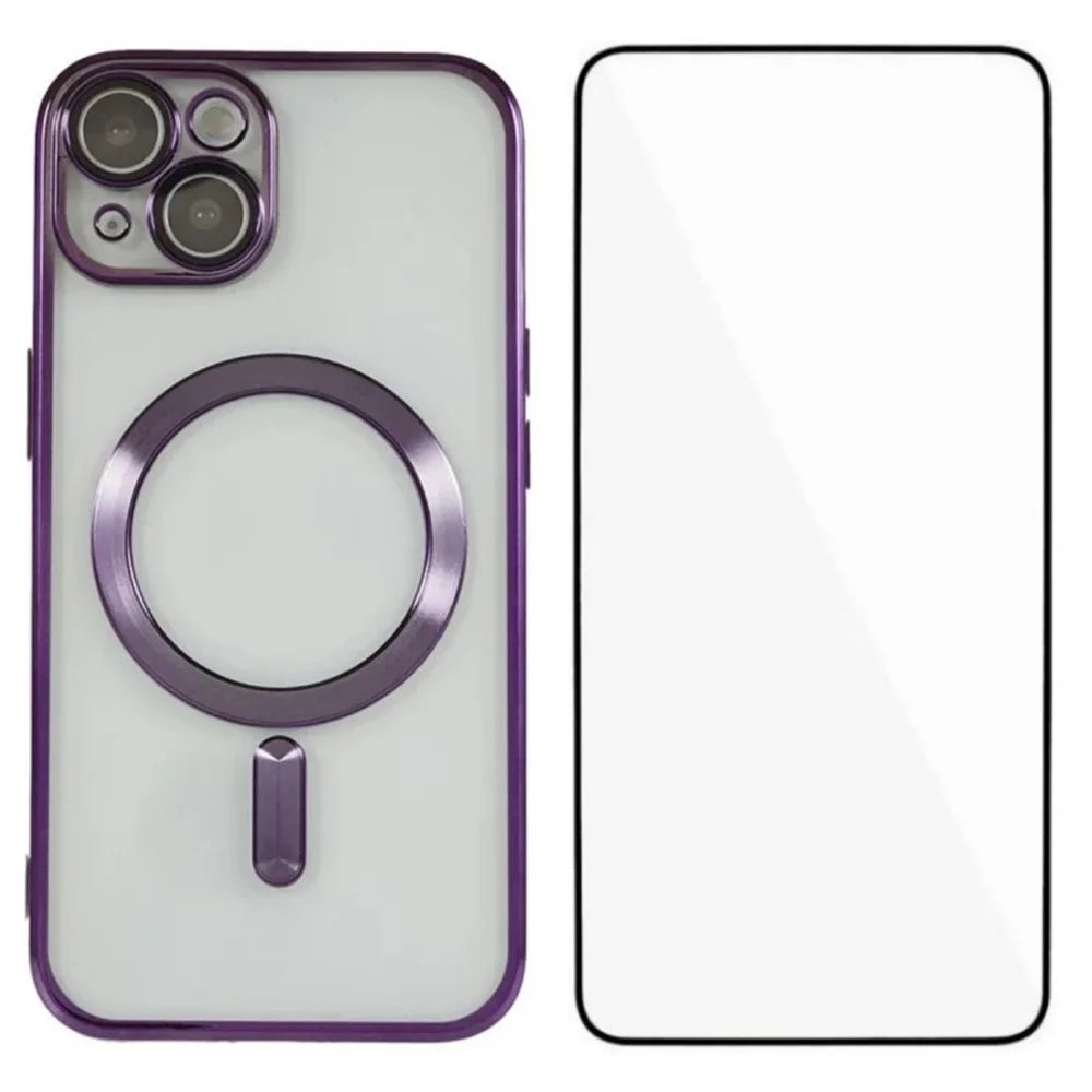 WANLONFENG For iPhone 14 Plus Magnetic Case  Full Protection Electroplated TPU Cover with Tempered Glass - Dark Purple - 1