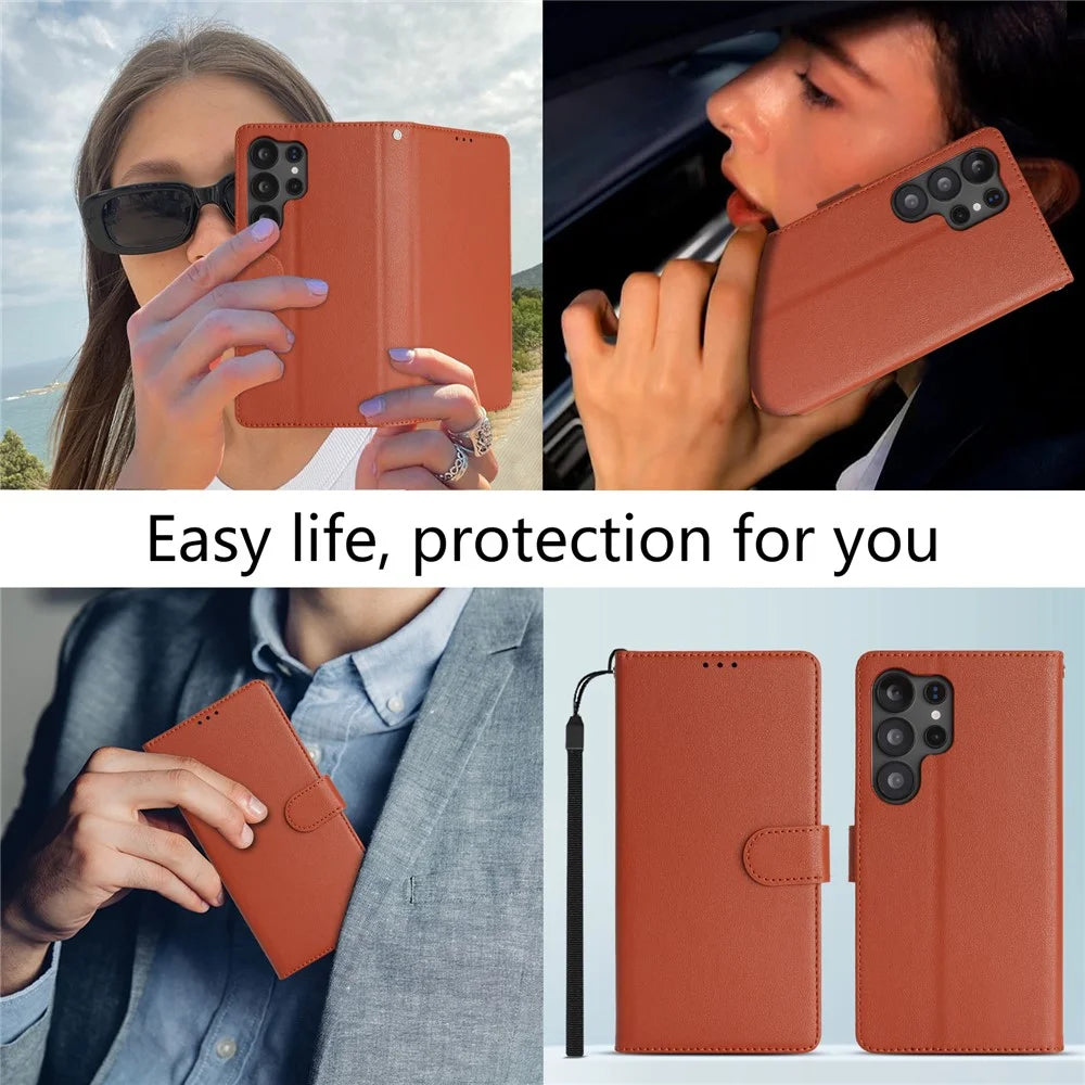 For Samsung Galaxy S25 Ultra Case RFID Blocking Flip Leather Phone Cover with Wrist Strap - Orange - 7