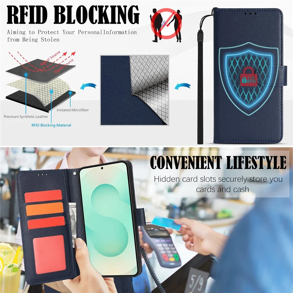 For Samsung Galaxy A26 5G Case RFID Blocking Flip Leather Phone Cover with Wrist Strap - Blue - 5