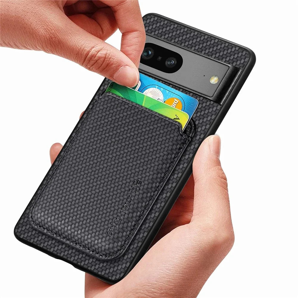 For Google Pixel 7 5G Detachable Magnetic Phone Case Carbon Fiber Texture PU Leather + TPU Cover with Card Holder - Black - 4