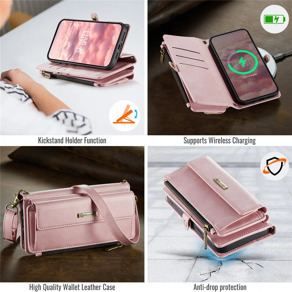 CASEME For iPhone 15 Case  C39 RFID Blocking Zipper Wallet Stand Leather Cover with Strap - Pink - 4