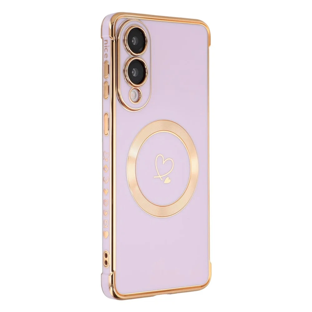 For Samsung Galaxy S25 Edge Magnetic Case Electroplated TPU Phone Cover Hollow Love Hearts - Purple - 1