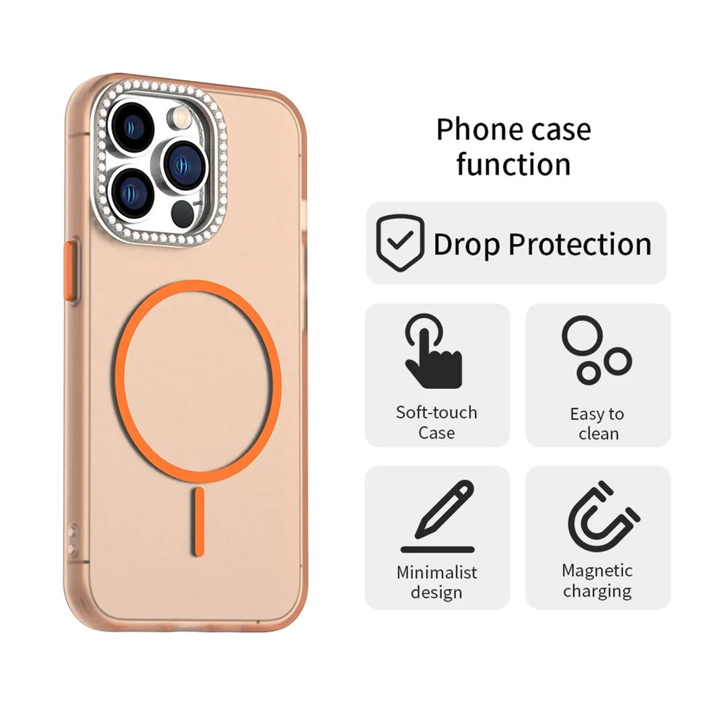 For iPhone 13 Pro Case Compatible with MagSafe TPU + PC + PET Phone Cover Rhinestone Decor Lens Frame - Orange - 2