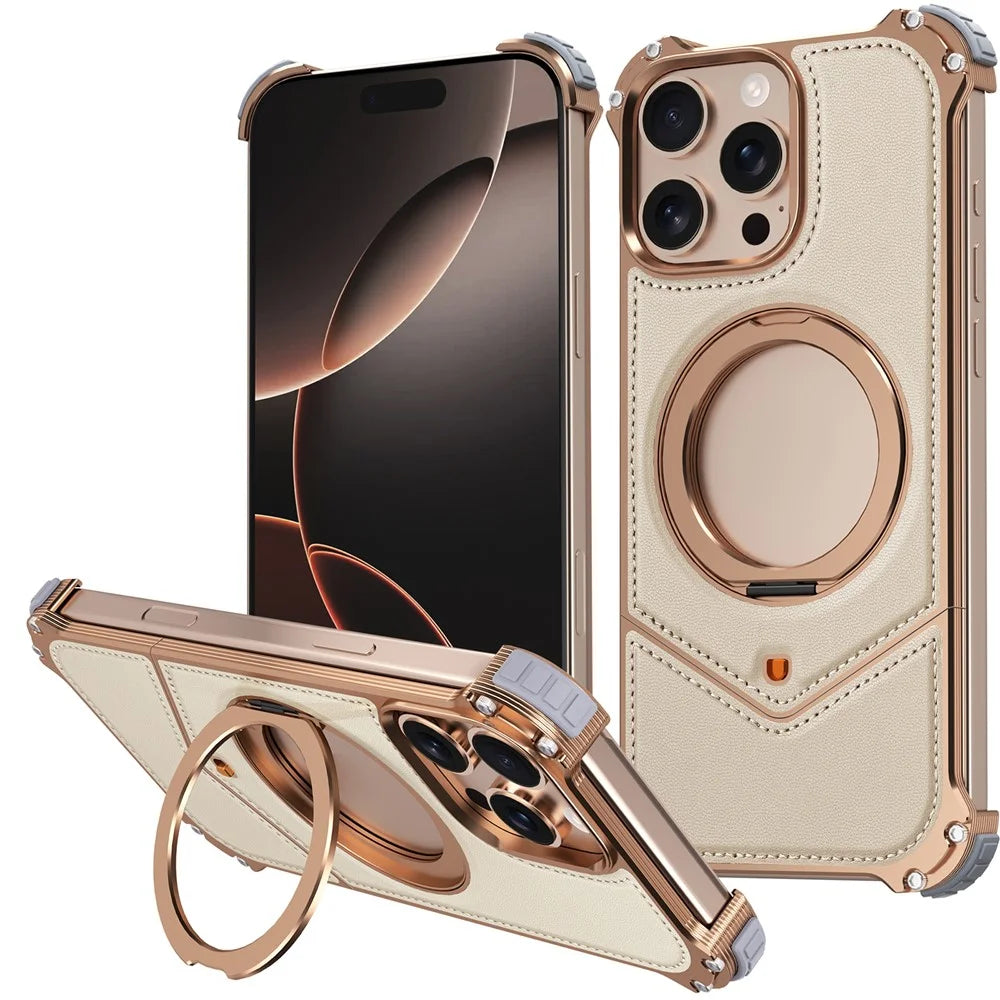 For iPhone 16 Pro Max Case PU Covered Metal Boardless Phone Back Cover with Kickstand - Desert Gold - 1