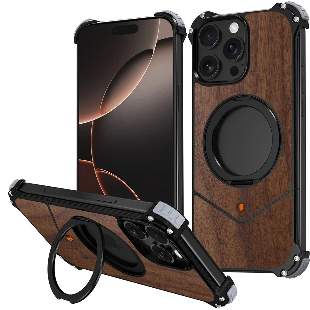 For iPhone 16 Pro Max Magnetic Case Wood + Metal Boardless Phone Back Cover with Ring Kickstand - Dark Brown - 1