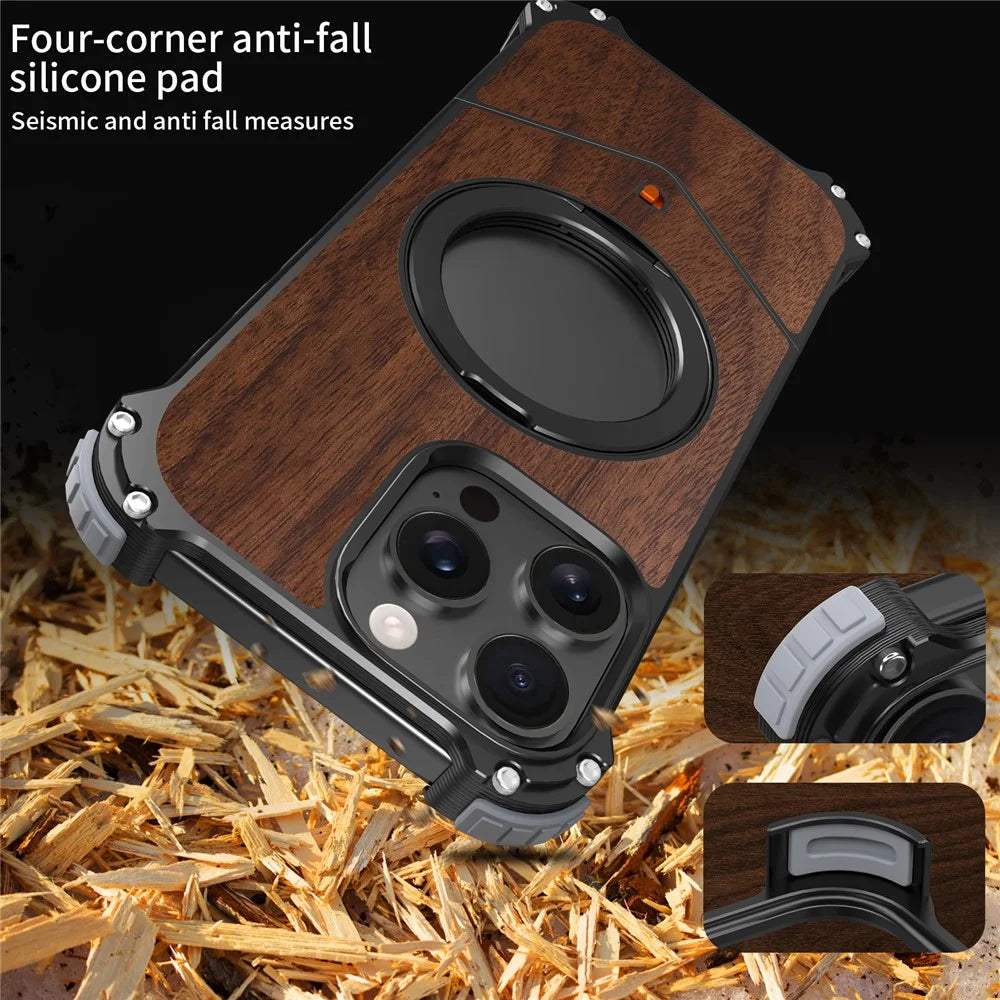 For iPhone 16 Pro Max Magnetic Case Wood + Metal Boardless Phone Back Cover with Ring Kickstand - Dark Brown - 2