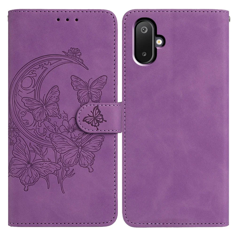For Samsung Galaxy M06 5G  /  F06 5G Case Butterfly Flower Imprinted PU Leather Wallet Stand Phone Cover - Purple - 1