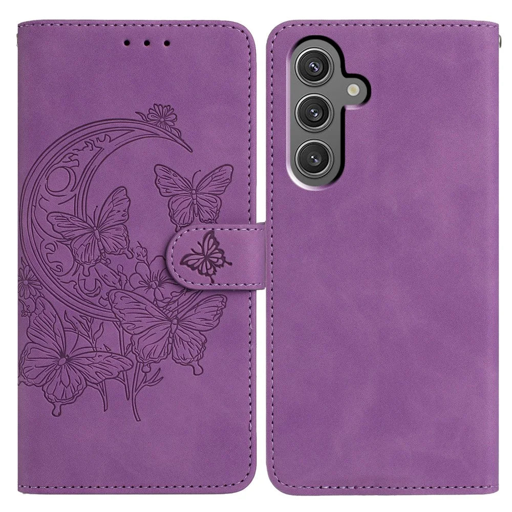For Samsung Galaxy A56 5G Case Butterfly Flower Imprinted PU Leather Wallet Stand Phone Cover - Purple - 1