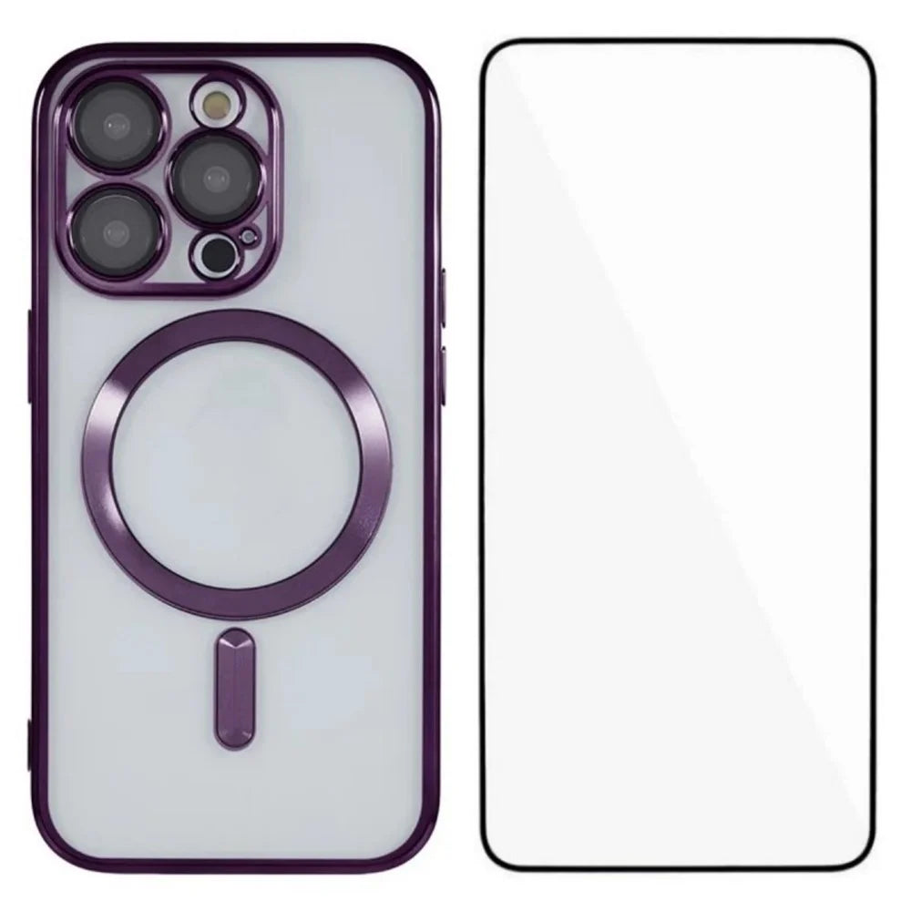 WANLONFENG For iPhone 14 Pro Magnetic Case  Full Protection Electroplated TPU Cover with Tempered Glass - Dark Purple - 1