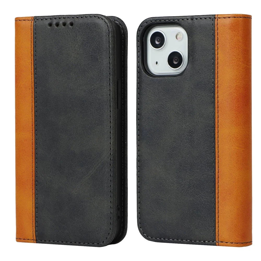 For iPhone 14 Bi-color Splicing Magnetic Auto-absorbed Calf Texture PU Leather Phone Case Drop-proof Wallet Stand Cover - Black / Yellow - 1