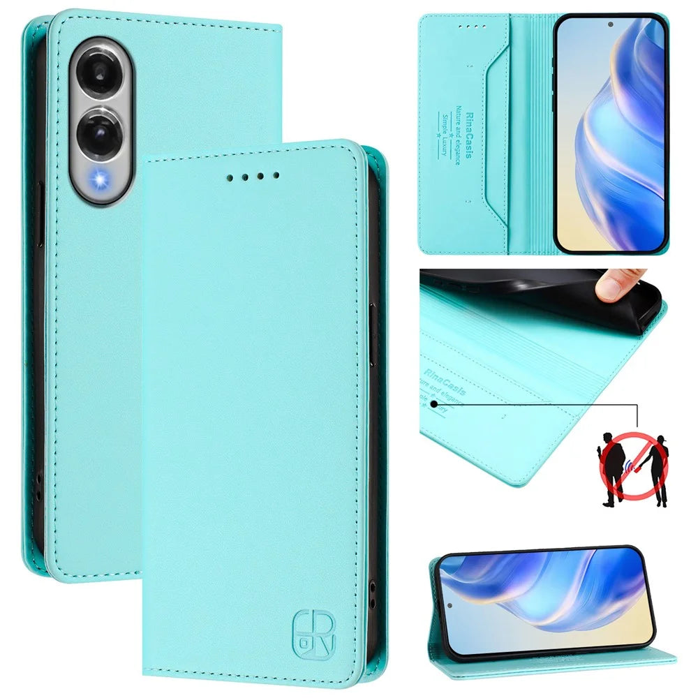 For Samsung Galaxy S25 Edge Leather Case RINACASIS RC01 Phone Cover with RFID Blocking Wallet Stand - Mint Green - 2