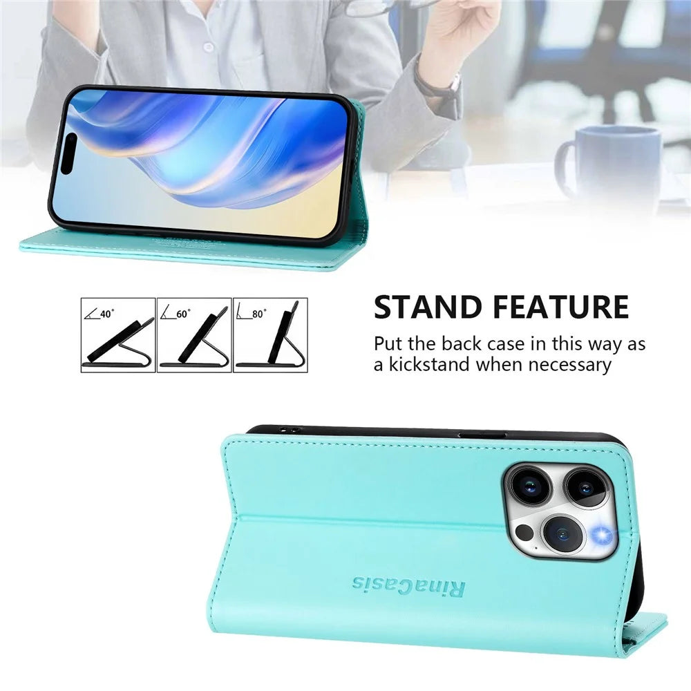 For iPhone 15 Pro Leather Case RINACASIS RC01 Phone Cover with RFID Blocking Wallet Stand - Mint Green - 4