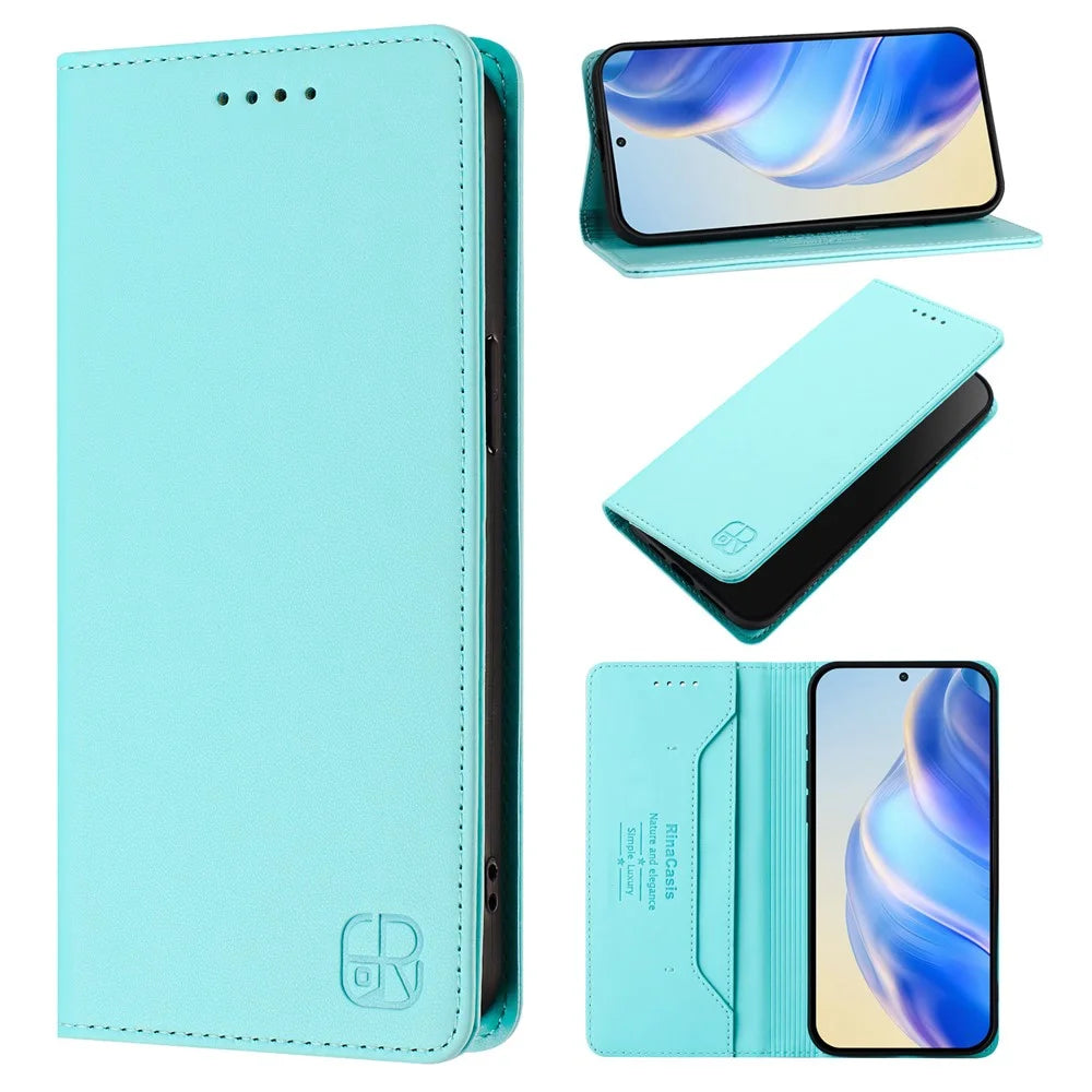 For iPhone 15 Pro Leather Case RINACASIS RC01 Phone Cover with RFID Blocking Wallet Stand - Mint Green - 5
