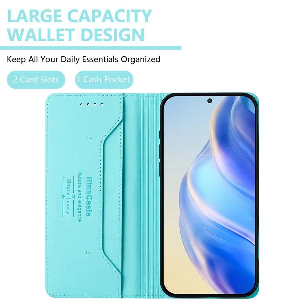 For iPhone 15 Pro Leather Case RINACASIS RC01 Phone Cover with RFID Blocking Wallet Stand - Mint Green - 7