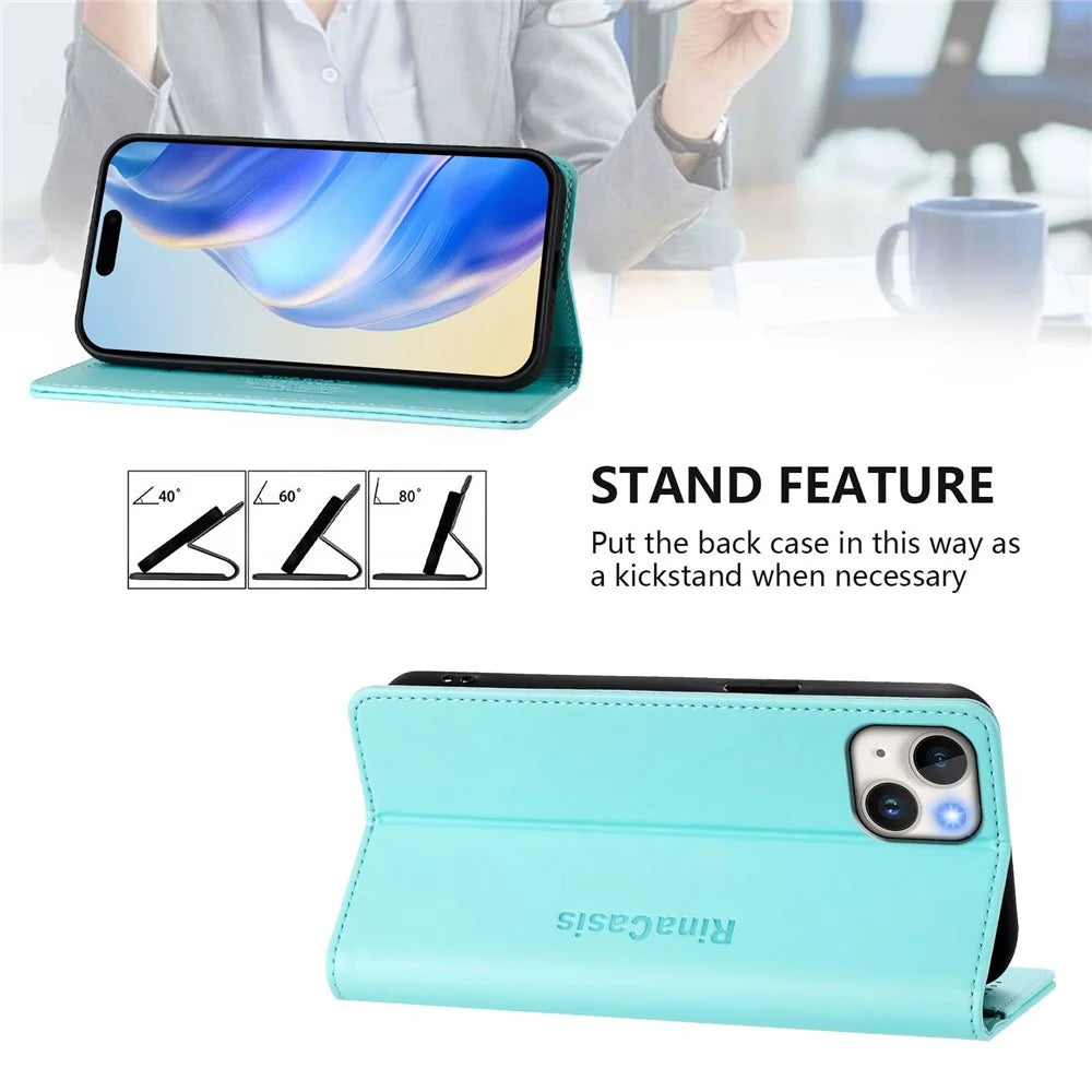 For iPhone 15 Plus Leather Case RINACASIS RC01 Phone Cover with RFID Blocking Wallet Stand - Mint Green - 4