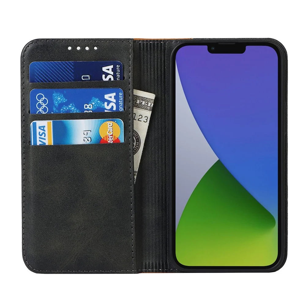 For iPhone 14 Plus Bi-color Splicing Calf Texture PU Leather Drop-proof Case Magnetic Auto-absorbed Phone Wallet Stand Cover - Black / Yellow - 2