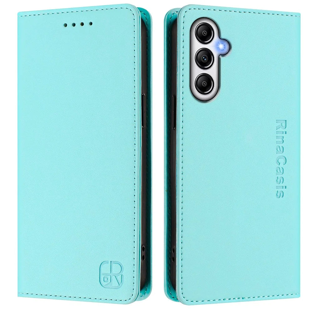 For Samsung Galaxy A14 4G / Galaxy A14 5G Leather Case RINACASIS RC01 Phone Cover with RFID Blocking Wallet Stand - Mint Green - 1