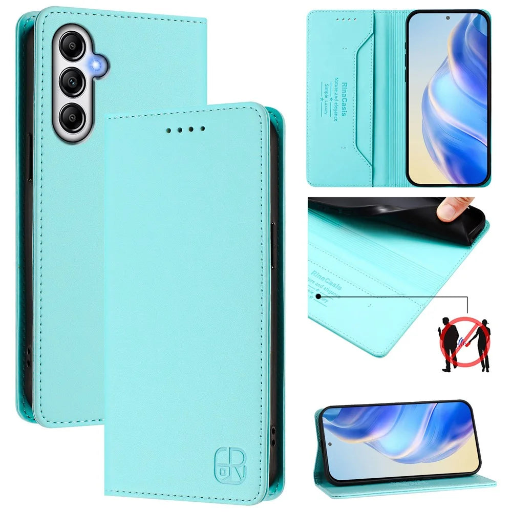 For Samsung Galaxy A14 4G / Galaxy A14 5G Leather Case RINACASIS RC01 Phone Cover with RFID Blocking Wallet Stand - Mint Green - 2