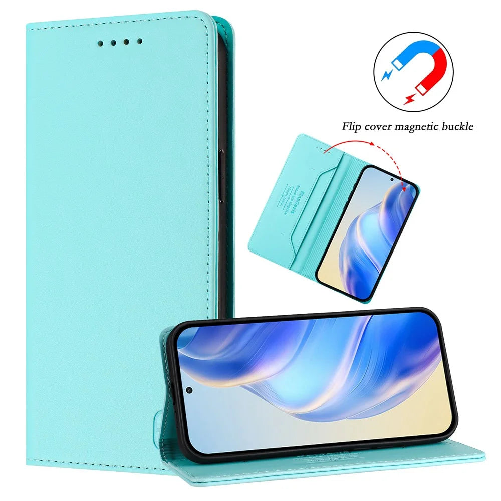 For Samsung Galaxy A14 4G / Galaxy A14 5G Leather Case RINACASIS RC01 Phone Cover with RFID Blocking Wallet Stand - Mint Green - 6