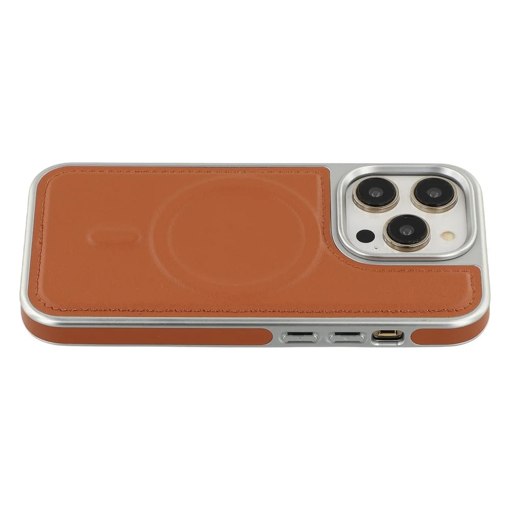 For iPhone 14 Pro Max Case Compatible with MagSafe Electroplating Edge PU + TPU + PC Phone Back Cover - Brown - 4