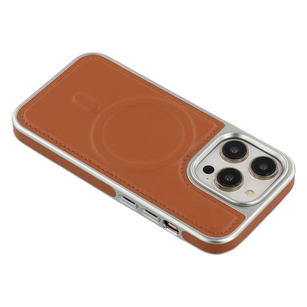 For iPhone 14 Pro Max Case Compatible with MagSafe Electroplating Edge PU + TPU + PC Phone Back Cover - Brown - 5