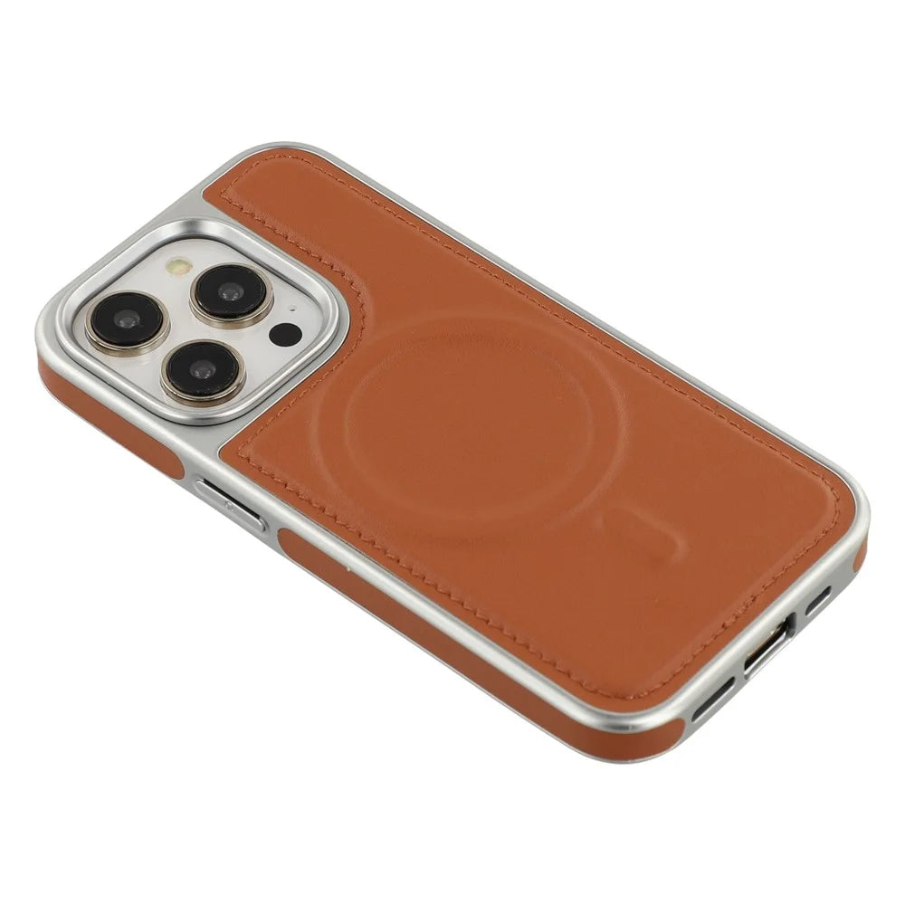 For iPhone 14 Pro Max Case Compatible with MagSafe Electroplating Edge PU + TPU + PC Phone Back Cover - Brown - 6