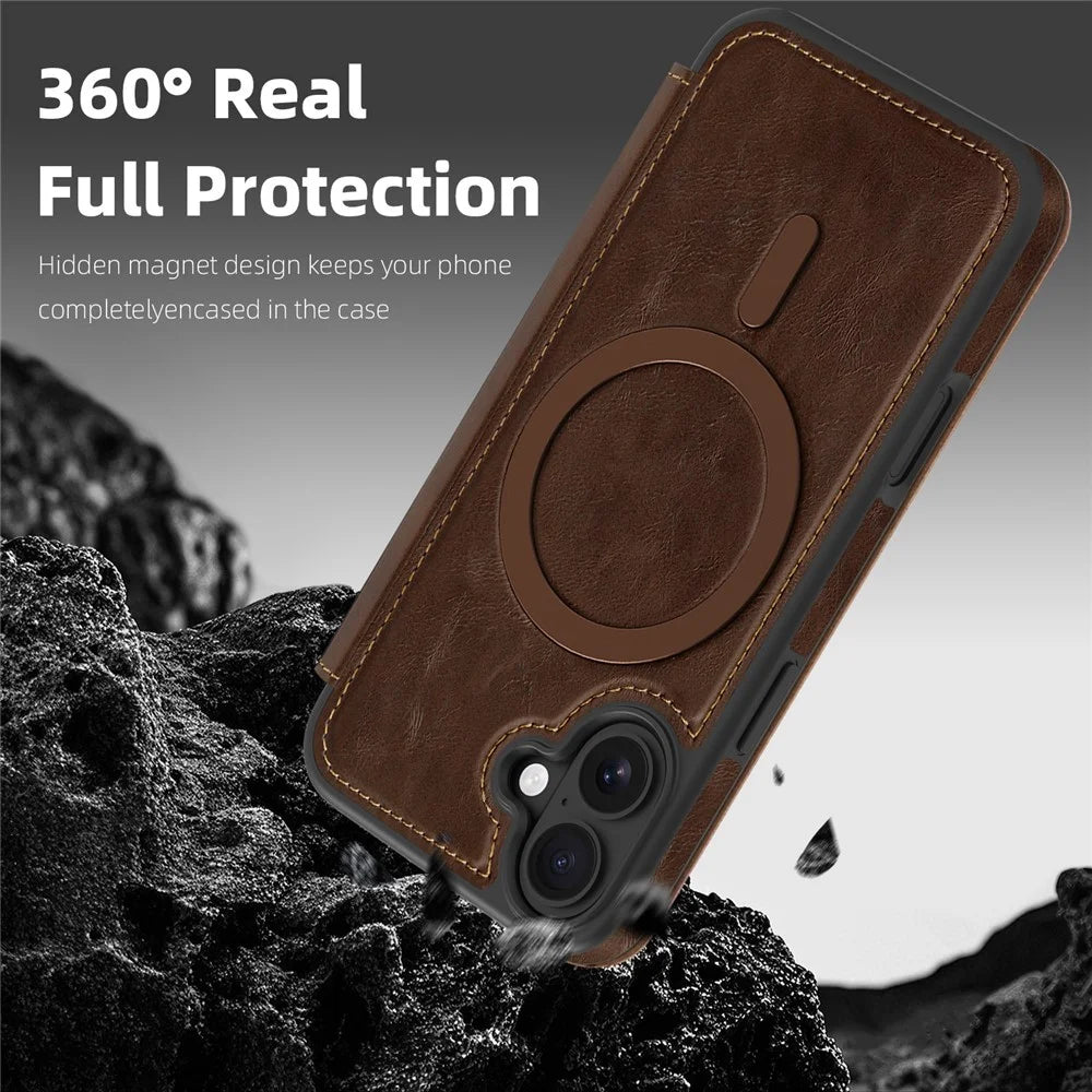 For iPhone 16 Case Compatible with MagSafe RFID Blocking Card Holder Leather Phone Cover - Coffee - 7