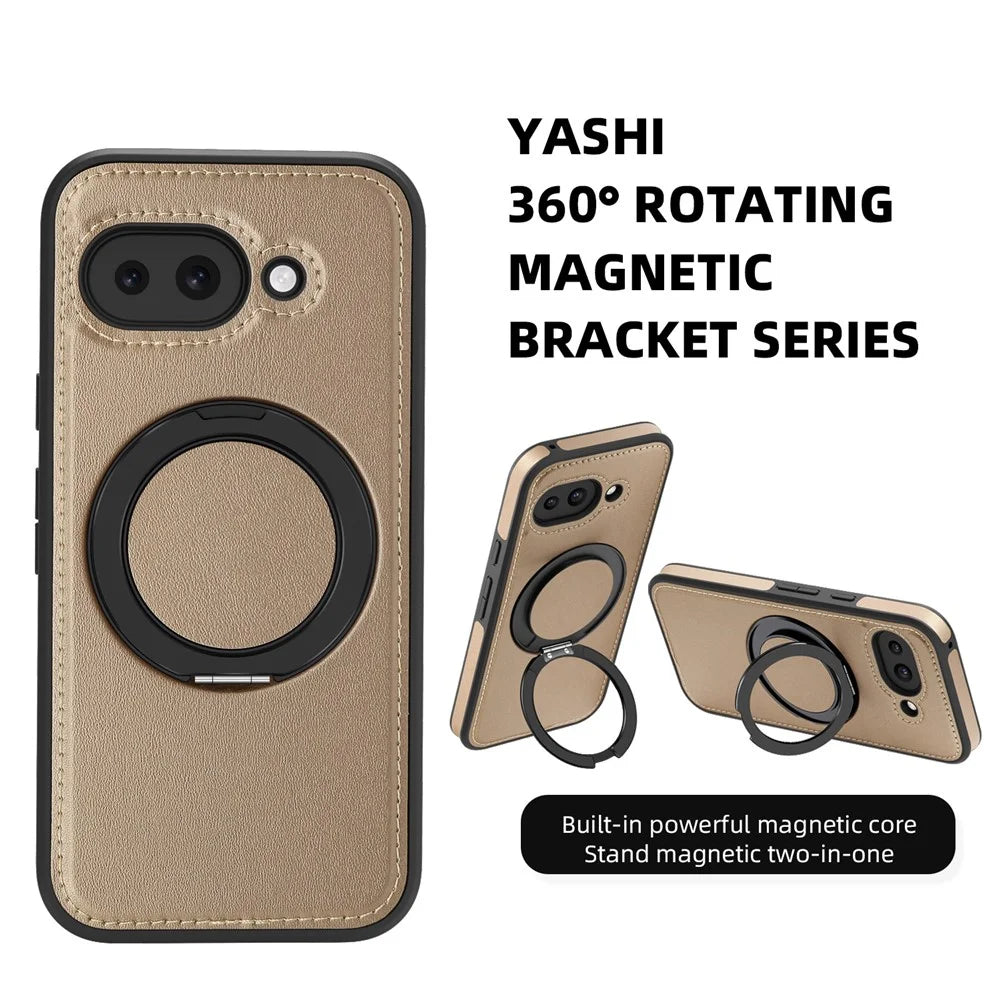 For Google Pixel 9a Case with Ring Kickstand Magnetic Case PU Leather Back Cover - Desert Gold - 3