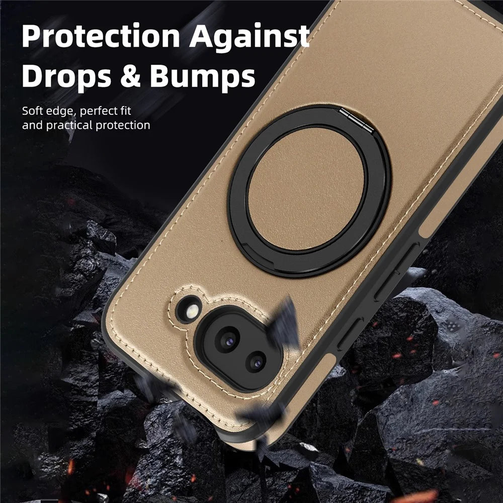 For Google Pixel 9a Case with Ring Kickstand Magnetic Case PU Leather Back Cover - Desert Gold - 4