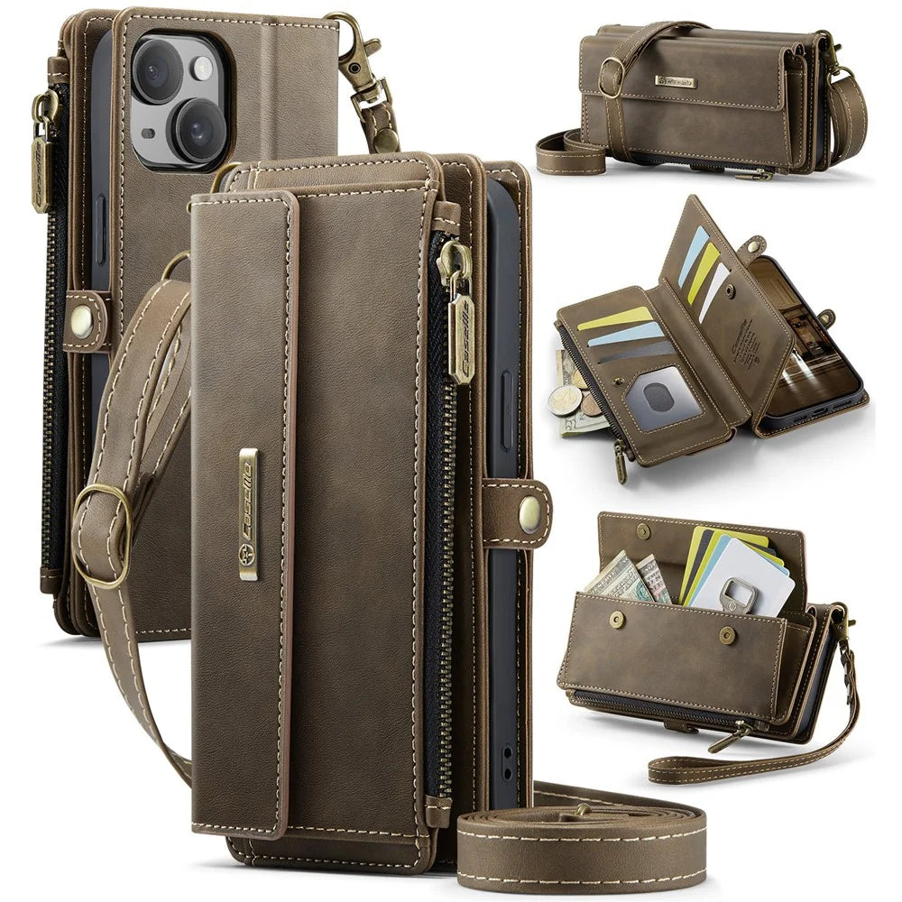 CASEME For iPhone 15 Plus Case  C39 RFID Blocking Zipper Wallet Stand Leather Cover with Strap - Brown - 1