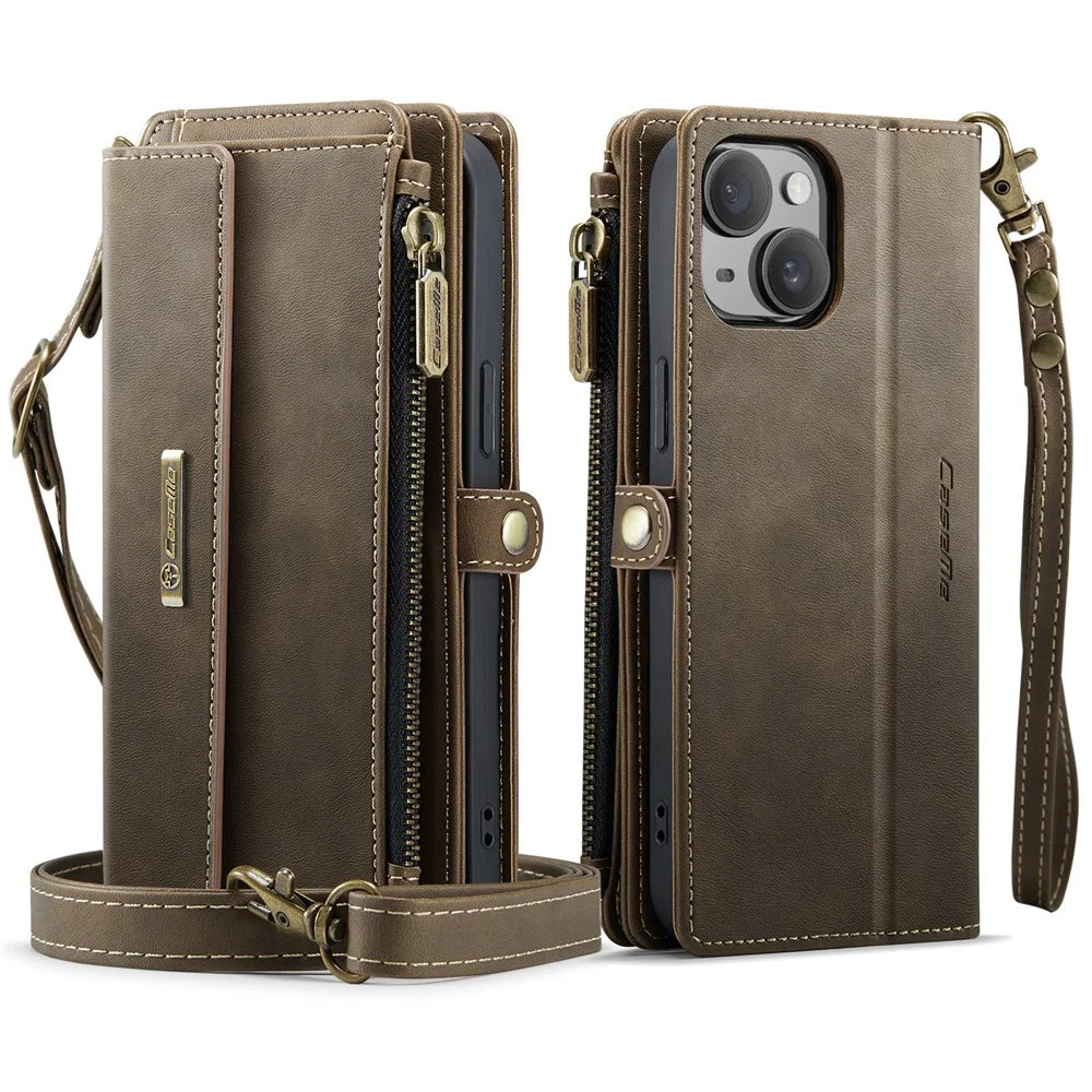 CASEME For iPhone 13 6.1 inch Case  C39 RFID Blocking Zipper Wallet Stand Leather Cover with Strap - Brown - 2