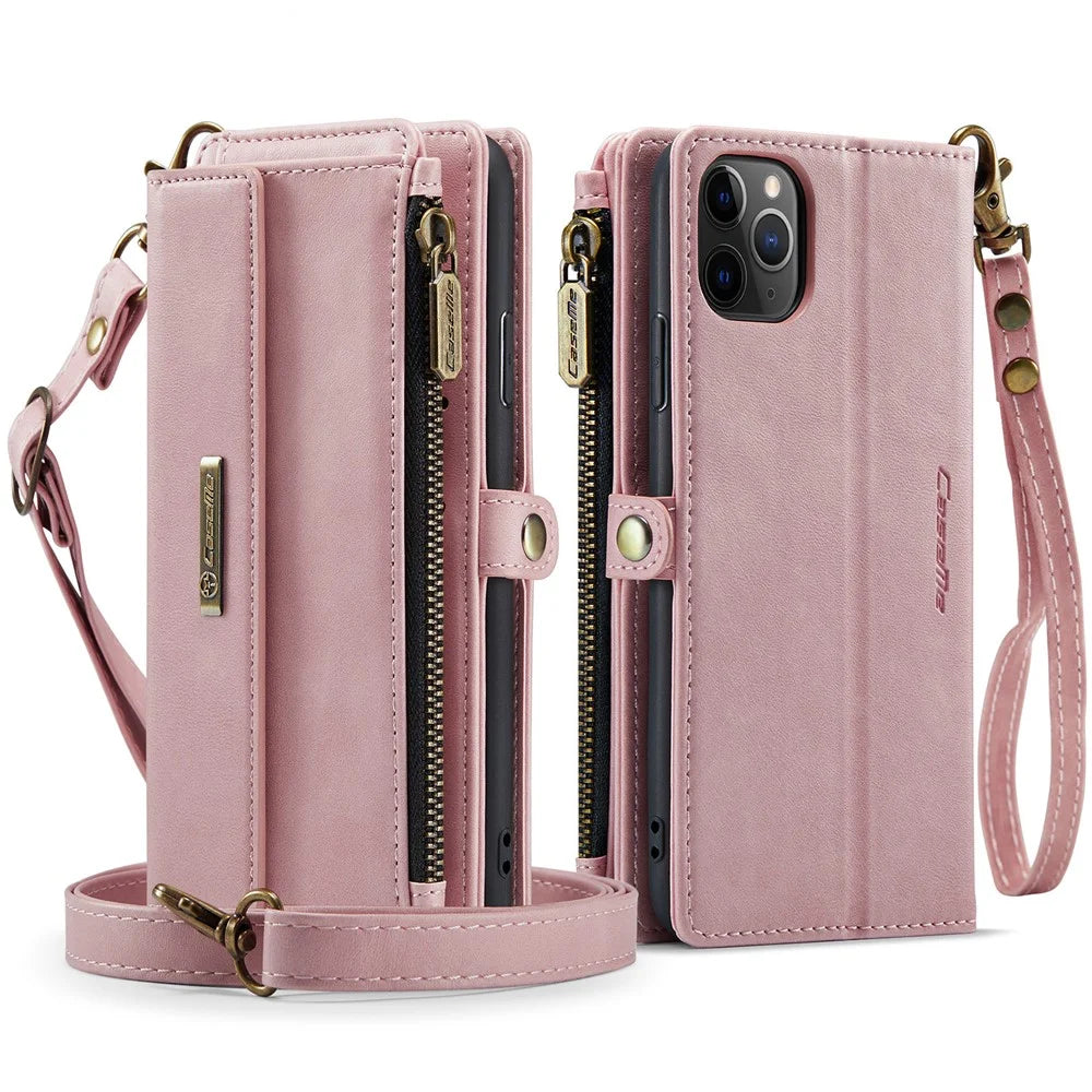 CASEME For iPhone 11 Pro Max Case  C39 RFID Blocking Zipper Wallet Stand Leather Cover with Strap - Pink - 2