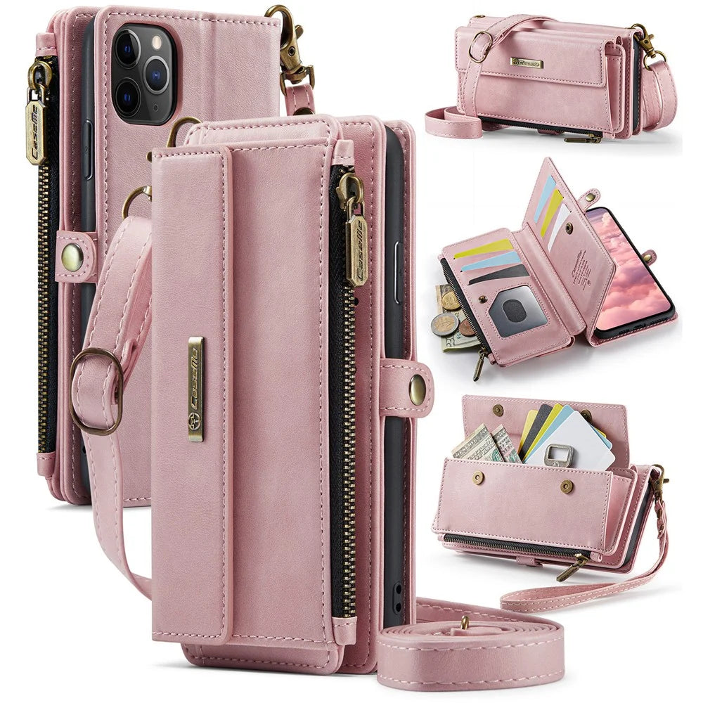 CASEME For iPhone 11 Pro Case  C39 RFID Blocking Zipper Wallet Stand Leather Cover with Strap - Pink - 1