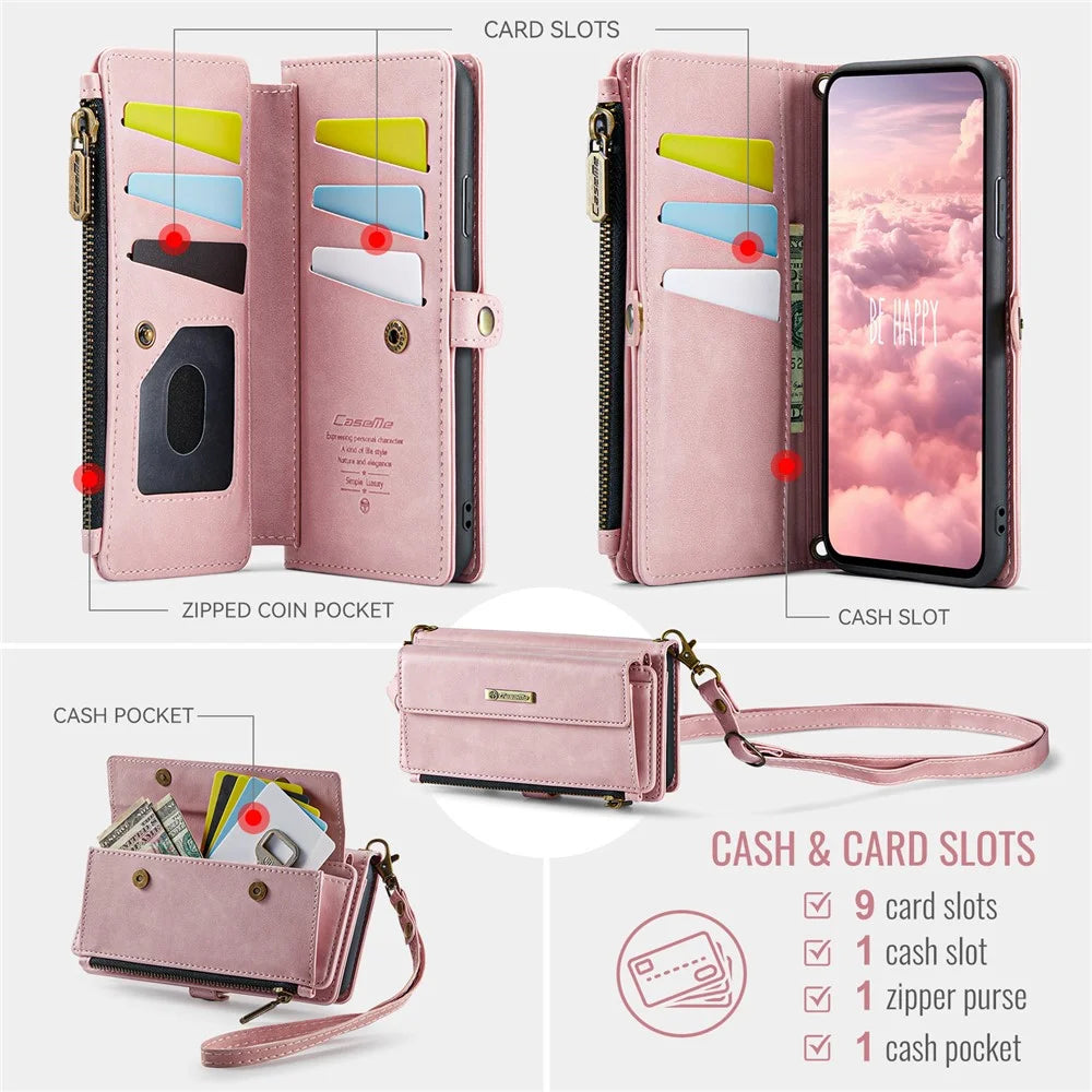 CASEME For iPhone 11 Case  C39 RFID Blocking Zipper Wallet Stand Leather Cover with Strap - Pink - 3