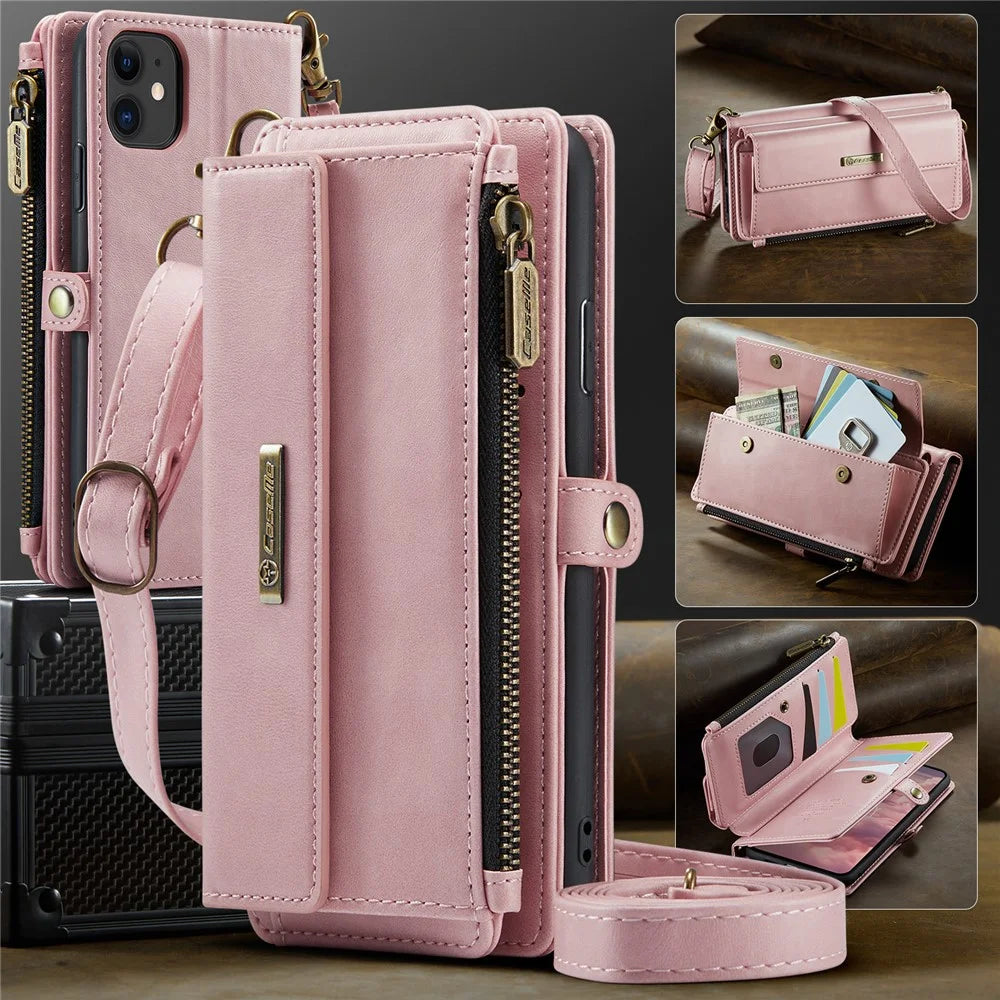 CASEME For iPhone 11 Case  C39 RFID Blocking Zipper Wallet Stand Leather Cover with Strap - Pink - 5