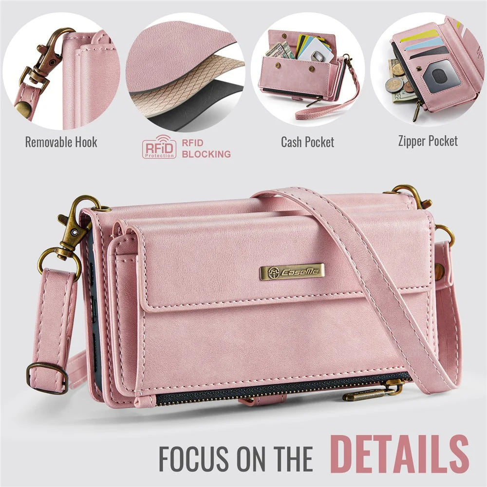 CASEME For iPhone 11 Case  C39 RFID Blocking Zipper Wallet Stand Leather Cover with Strap - Pink - 7