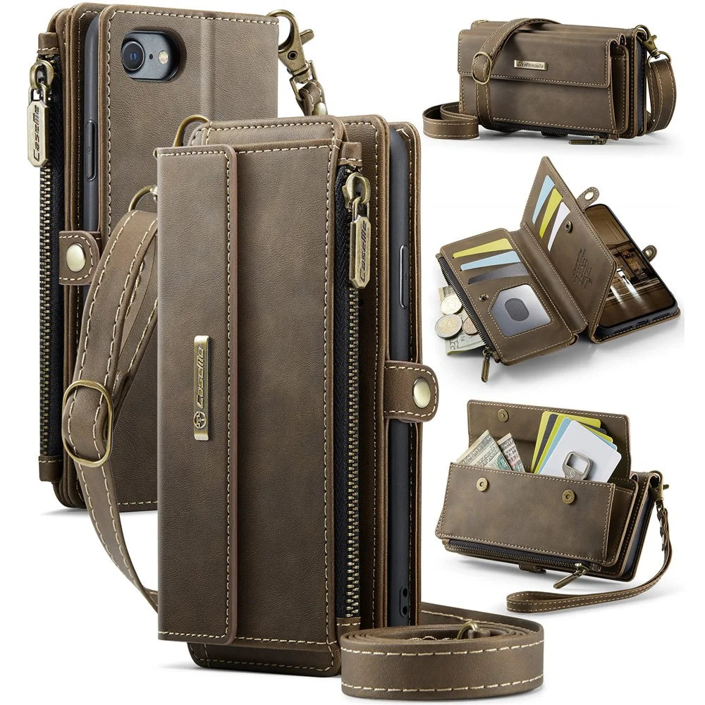 CASEME For iPhone 7 4.7 inch / iPhone 8 4.7 inch / iPhone SE (2020) / iPhone SE (2022) / iPhone 6 4.7-inch Case  C39 RFID Blocking Zipper Wallet Stand Leather Cover with Strap - Brown - 1