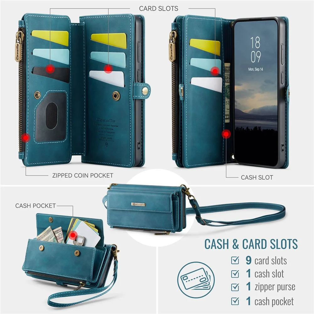 CASEME For Samsung Galaxy S21 FE 5G Case  C39 RFID Blocking Zipper Wallet Stand Leather Cover with Strap - Green - 3
