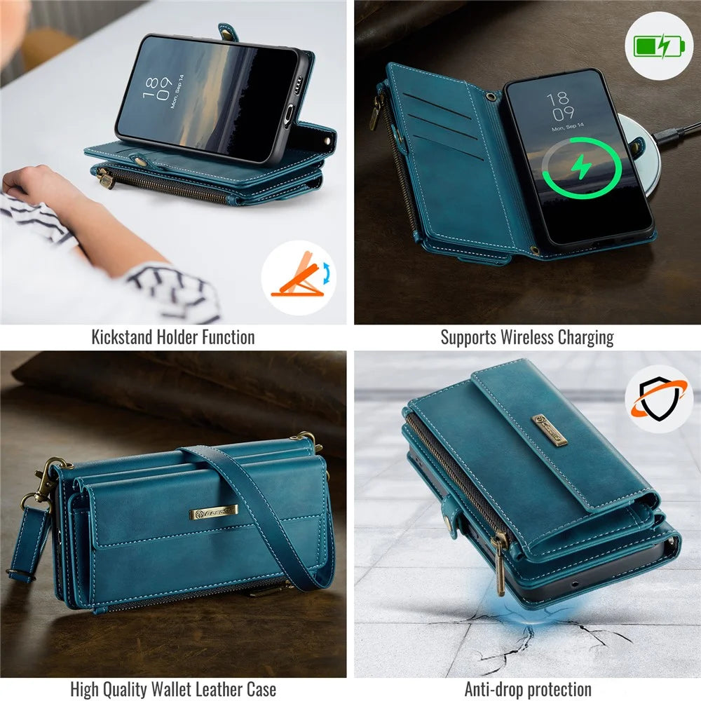 CASEME For Samsung Galaxy S21 FE 5G Case  C39 RFID Blocking Zipper Wallet Stand Leather Cover with Strap - Green - 4