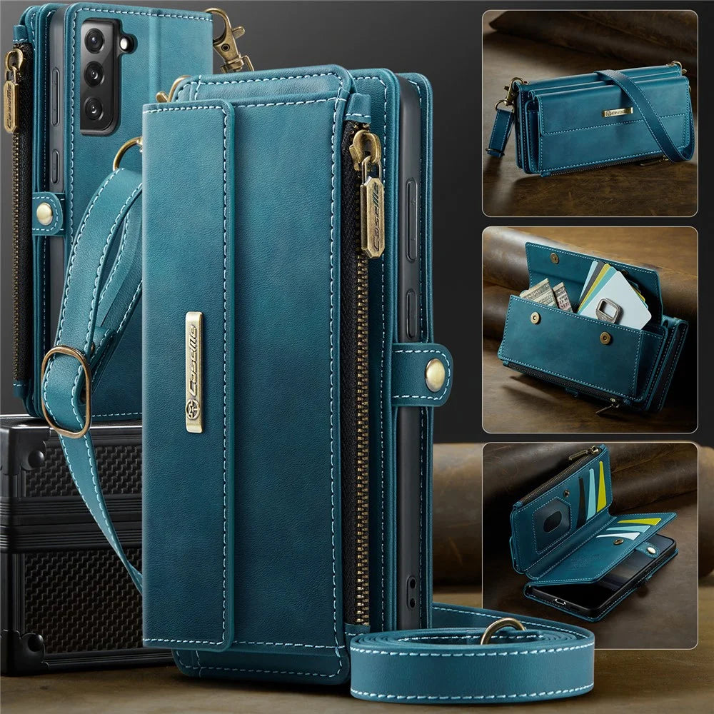 CASEME For Samsung Galaxy S21 FE 5G Case  C39 RFID Blocking Zipper Wallet Stand Leather Cover with Strap - Green - 5