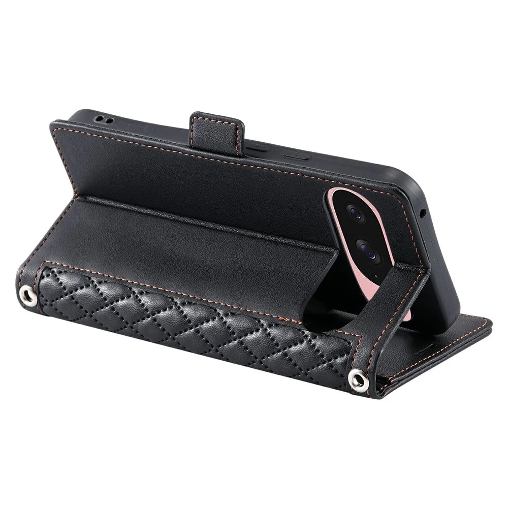 For Google Pixel 9 Pro  /  Pixel 9 Leather Case Rhombus Texture Wallet Stand Phone Cover with Wrist Strap - Black - 4