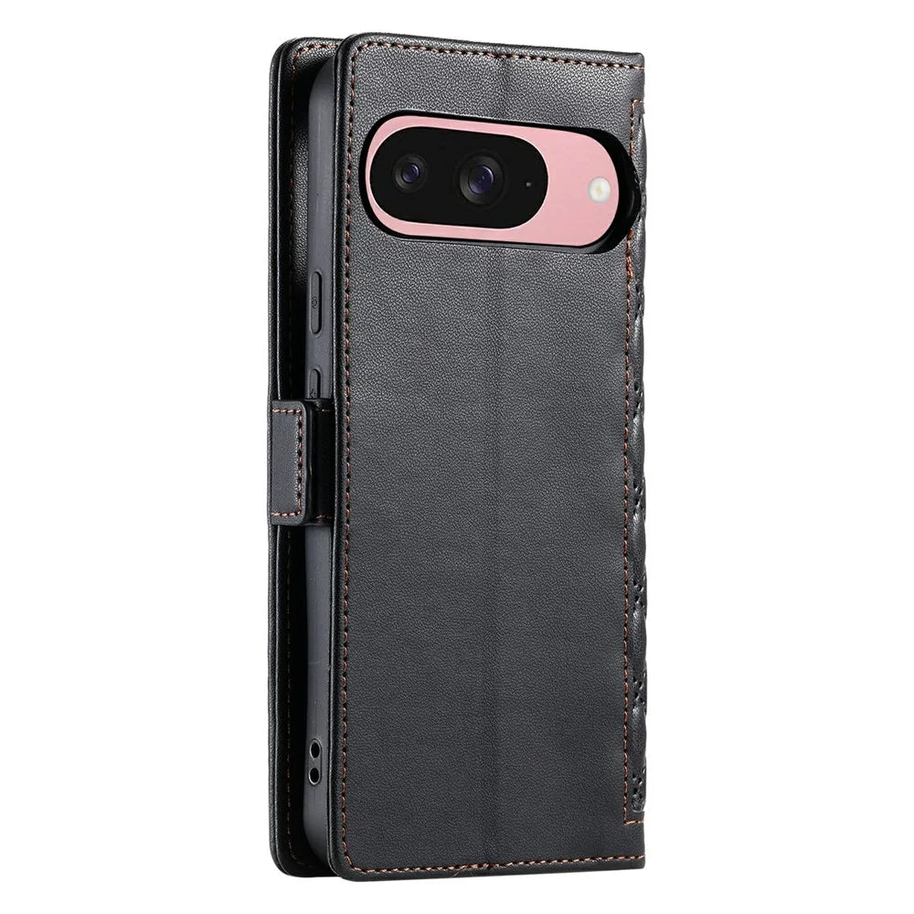 For Google Pixel 9 Pro  /  Pixel 9 Leather Case Rhombus Texture Wallet Stand Phone Cover with Wrist Strap - Black - 7