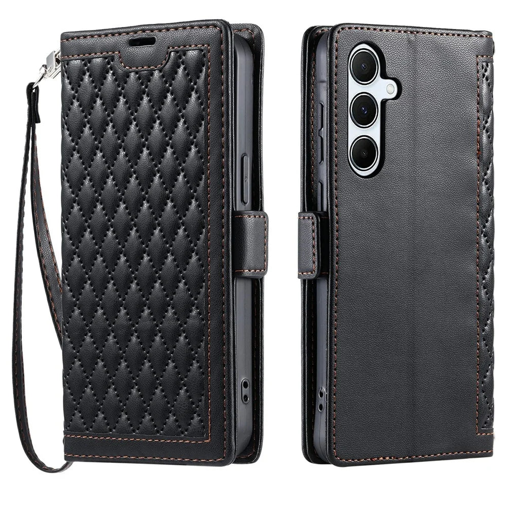 For Samsung Galaxy A15 5G  /  4G Leather Case Rhombus Texture Wallet Stand Phone Cover with Wrist Strap - Black - 1