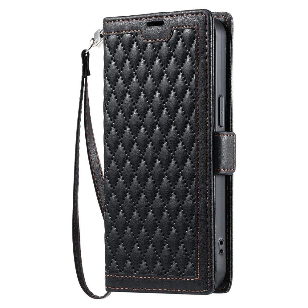 For Samsung Galaxy A15 5G  /  4G Leather Case Rhombus Texture Wallet Stand Phone Cover with Wrist Strap - Black - 6