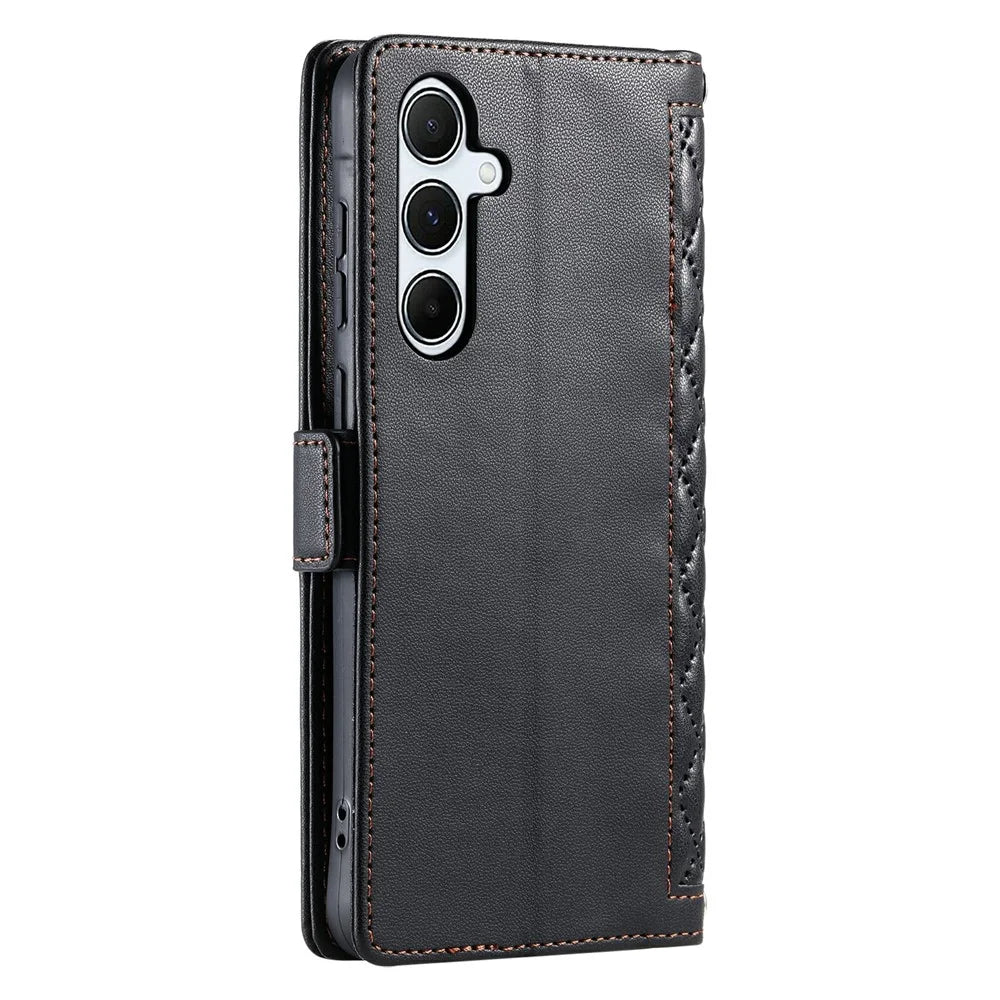 For Samsung Galaxy A15 5G  /  4G Leather Case Rhombus Texture Wallet Stand Phone Cover with Wrist Strap - Black - 7